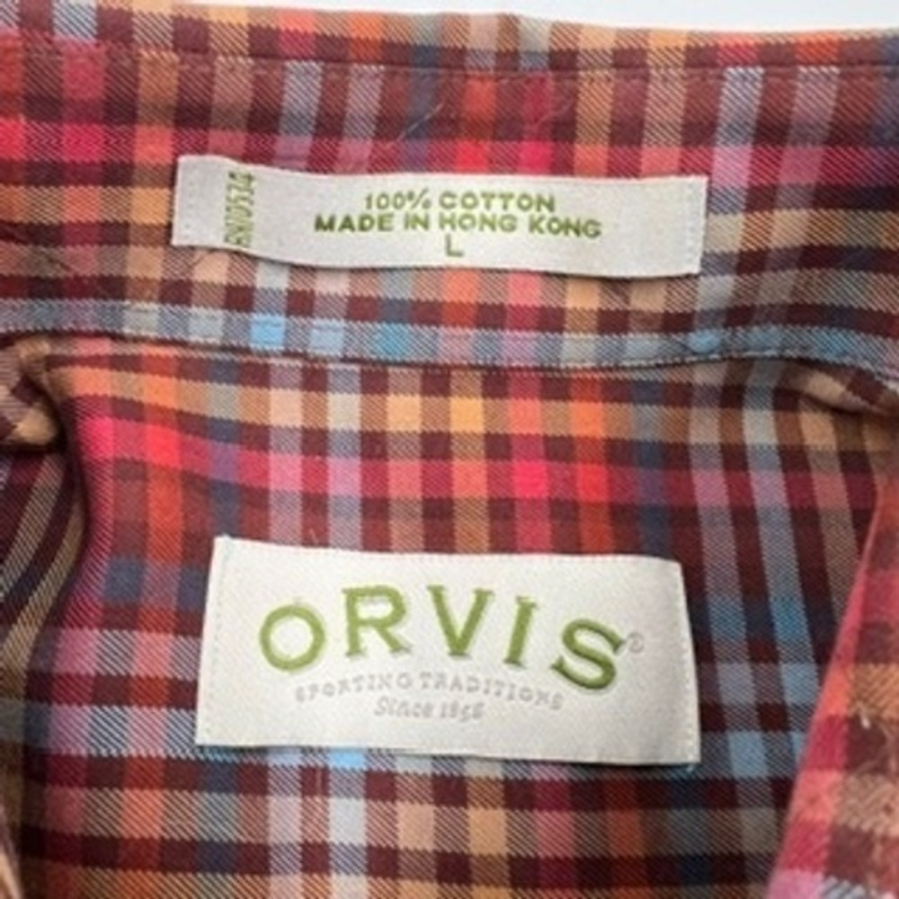 Orvis Mens Large Plaid Button Down Shirt Red Blue Orange Cotton Long Sleeve L - Picture 5 of 12